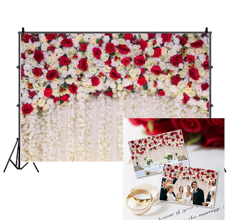 AOFOTO 7x5ft Red White Rose Floral Theme Photography Backdrop Flowers Wall Wedding Bridal Shower Photo Background Newborn Baby Girl Birthday Party Portrait Cake Table Decor Photo Booth Studio Props - Image 1